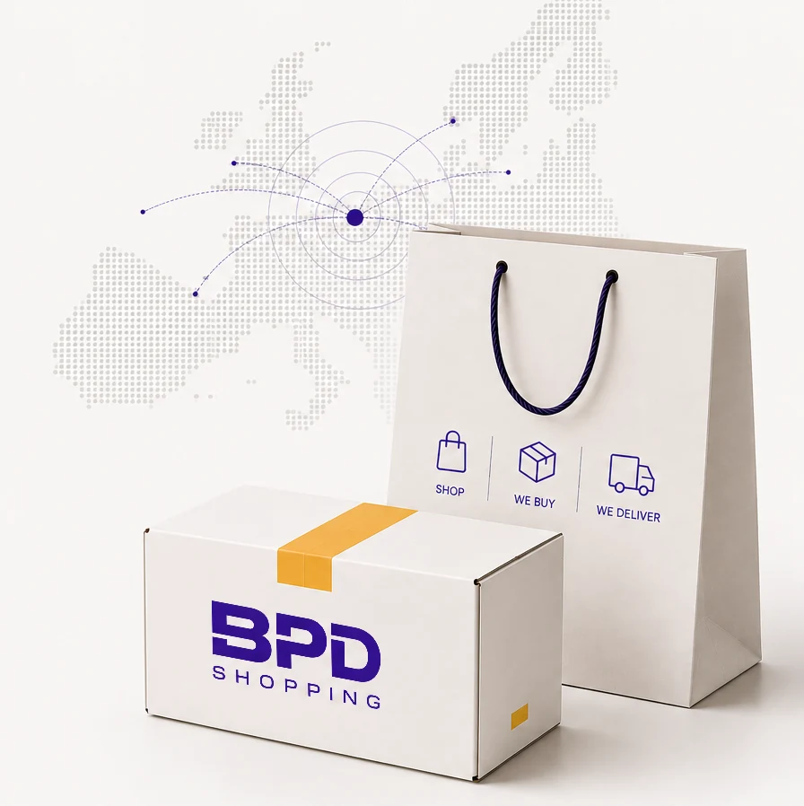 Dotted map of Europe with delivery routes, a shopping bag and a BPD Shopping parcel.